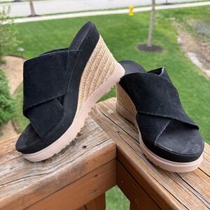 UGG Yarrow Wedge Sandals Women 7 Black Excellent Suede Espadrille Slide NWOT